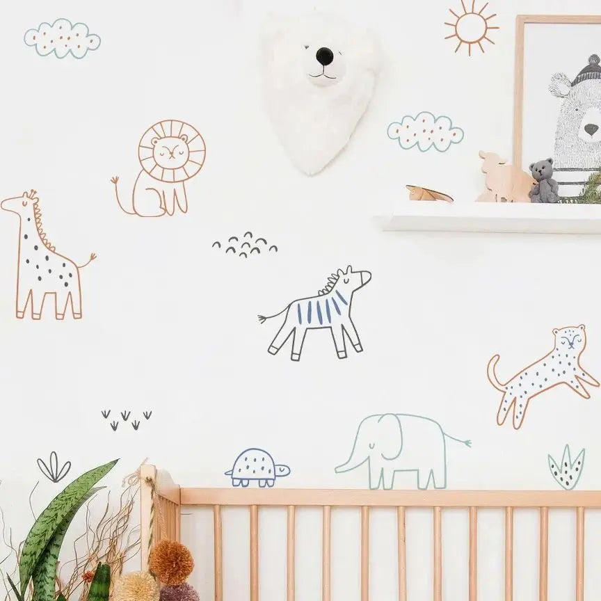 Cartoon Line Animals Wall Decal – Watercolor Kids Room Decor