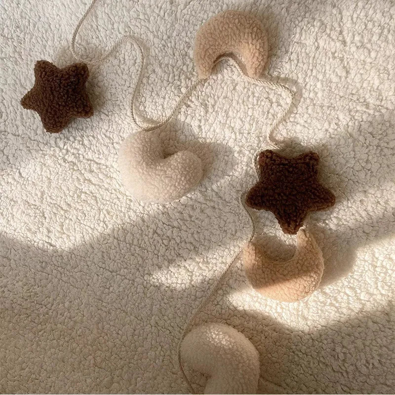 Handmade Plush Moon & Star Garland – Fluffy Nursery Wall Hanging Décor