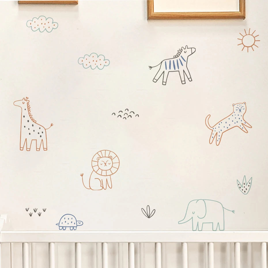 Cartoon Line Animals Wall Decal – Watercolor Kids Room Decor