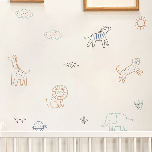 Cartoon Line Animals Wall Decal – Watercolor Kids Room Decor
