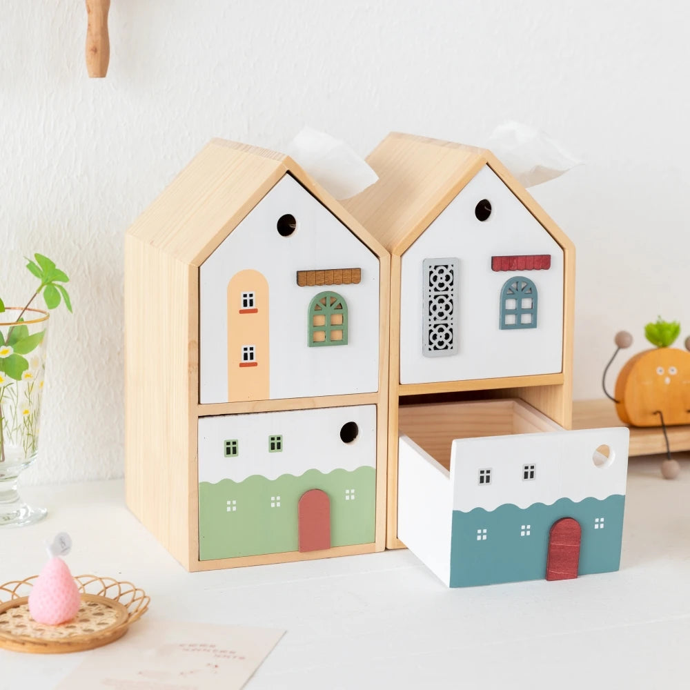 Wooden House Tissue Box & Storage Organizer – Double Layer Desk & Living Room Décor