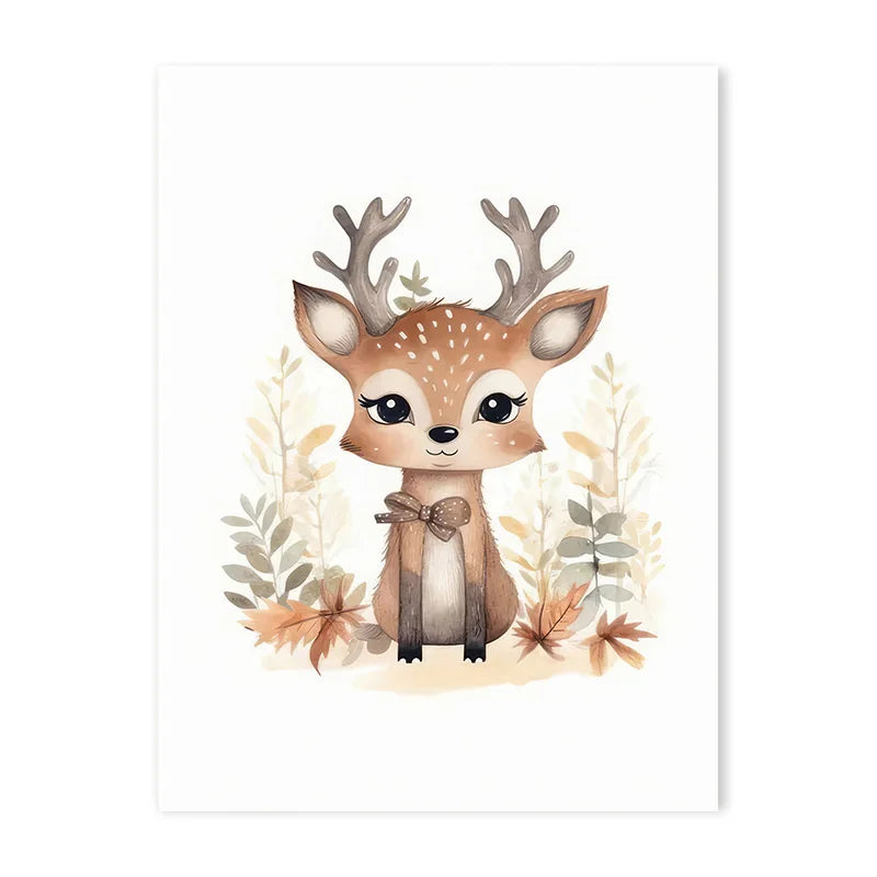 Cartoon Cloud Animal Canvas Wall Art – Cute Raccoon, Fox & Deer Nursery Poster