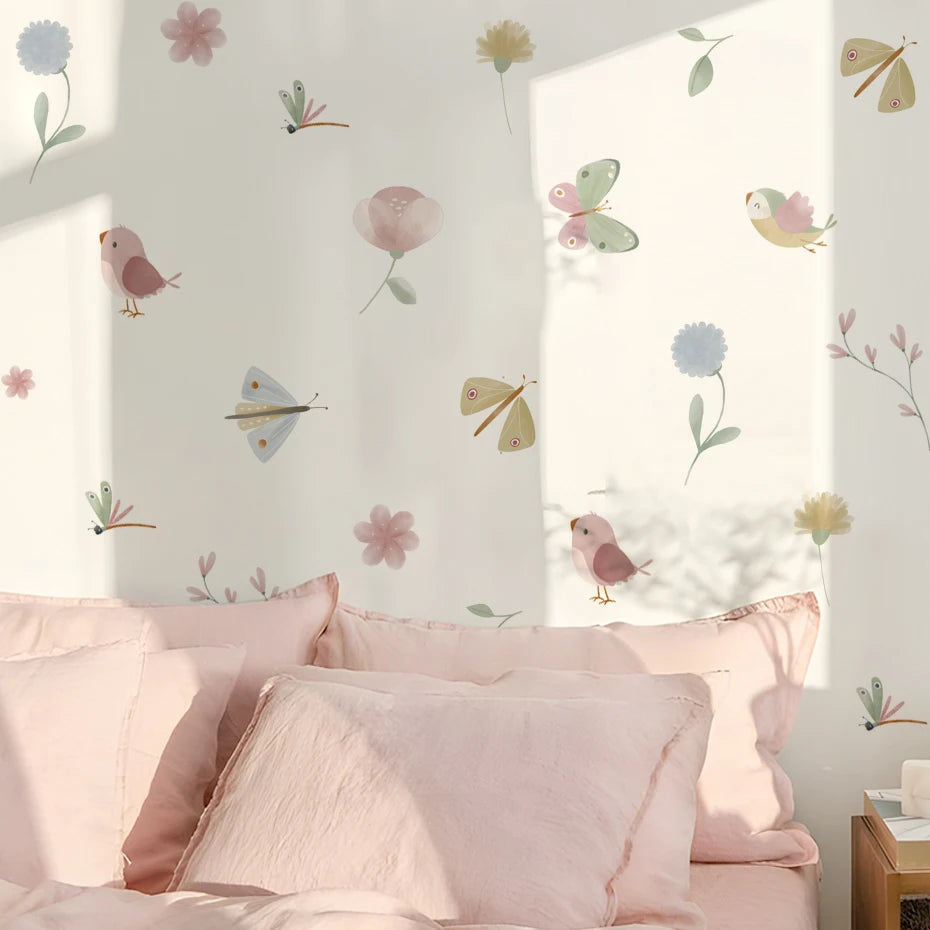 Boho Pink Butterfly & Birds Wall Decal – Kids Room Decor