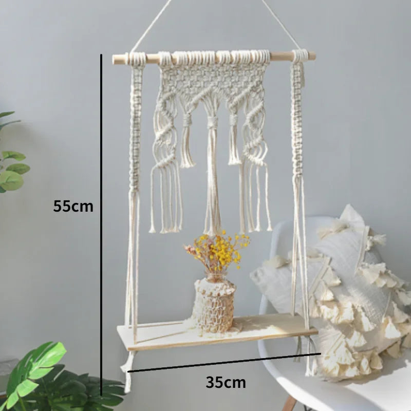 Macrame Wooden Wall Shelf – Decorative Floating Shelf & Plant Holder
