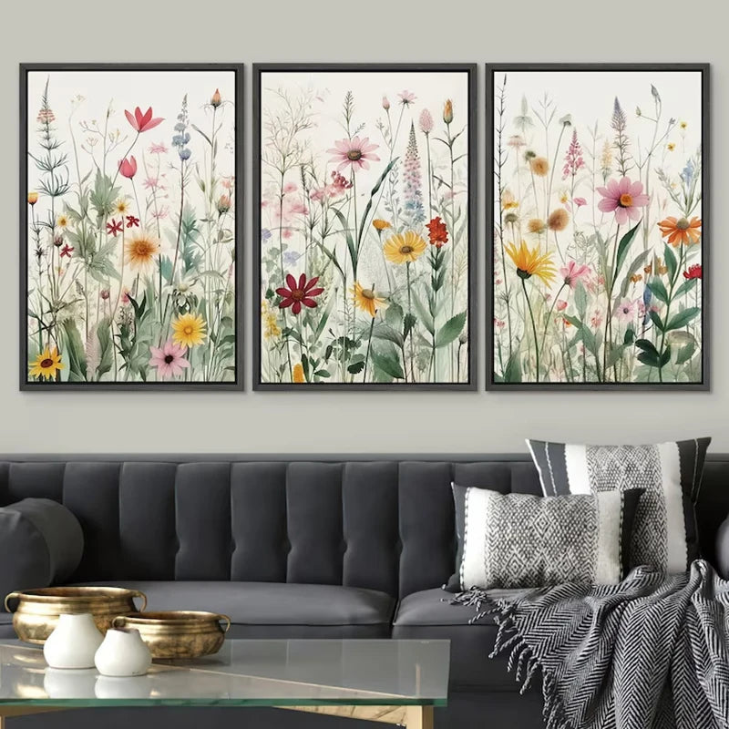 3-Piece Minimalist Wildflower Canvas Wall Art – Botanical Print Set