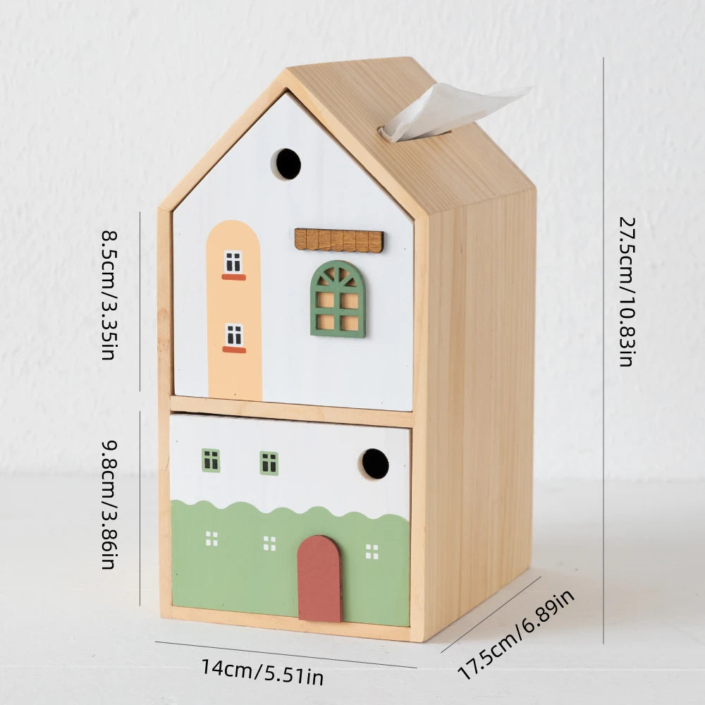 Wooden House Tissue Box & Storage Organizer – Double Layer Desk & Living Room Décor