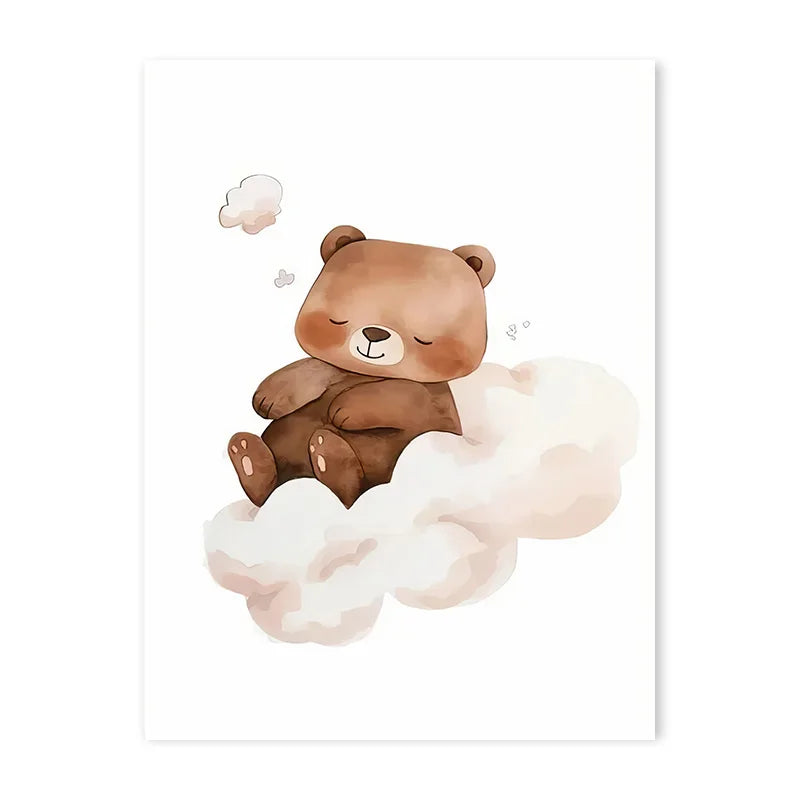 Cartoon Cloud Animal Canvas Wall Art – Cute Raccoon, Fox & Deer Nursery Poster