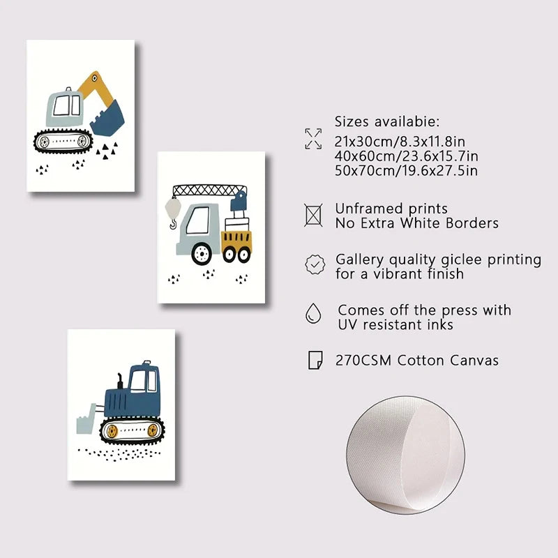 3-Piece Construction Vehicle Wall Art Set – Crane, Excavator & Tractor Canvas Prints