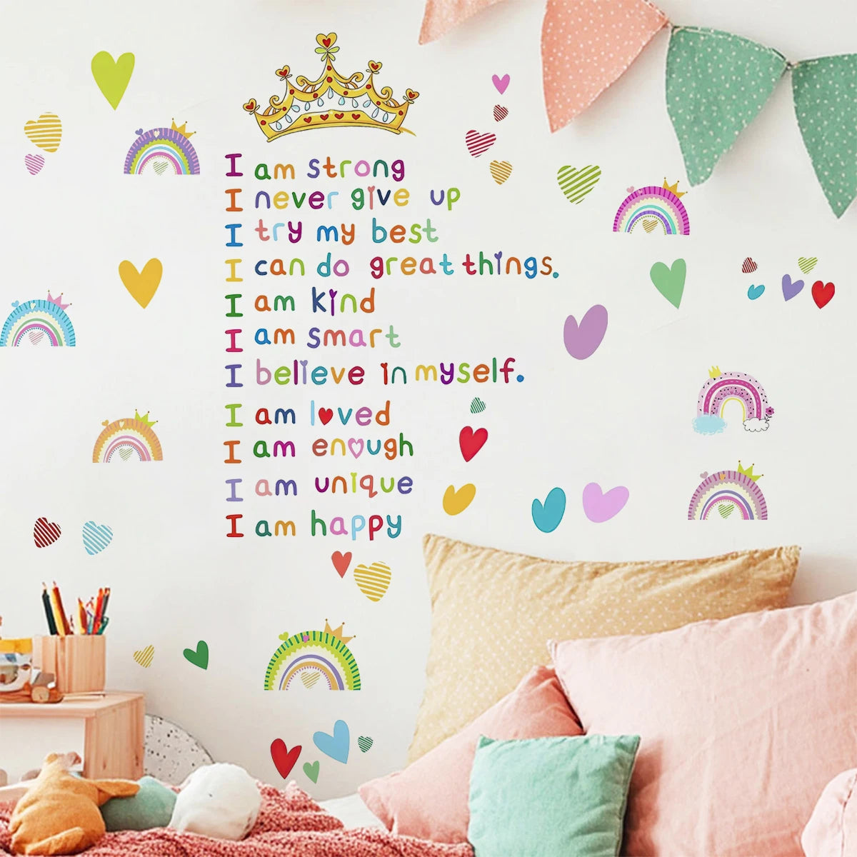 “I Am” Crown & Rainbow Inspirational Wall Decals for Kids Room