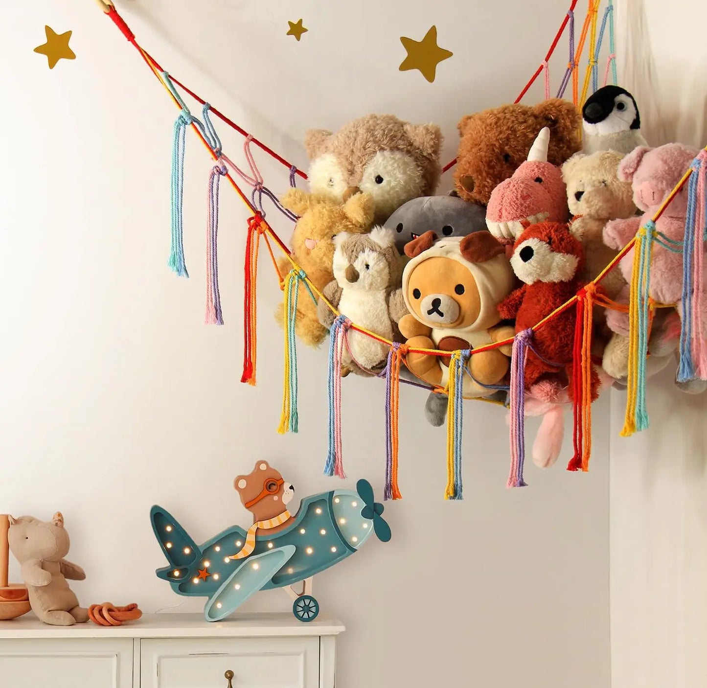 Boho Stuffed Animal Net Hammock – Macrame Corner Toy Storage Organizer
