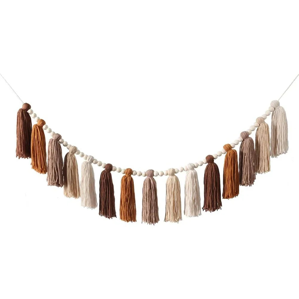 Pink Tassel Garland with Wood Beads – Boho Wall Hanging Nursery Décor