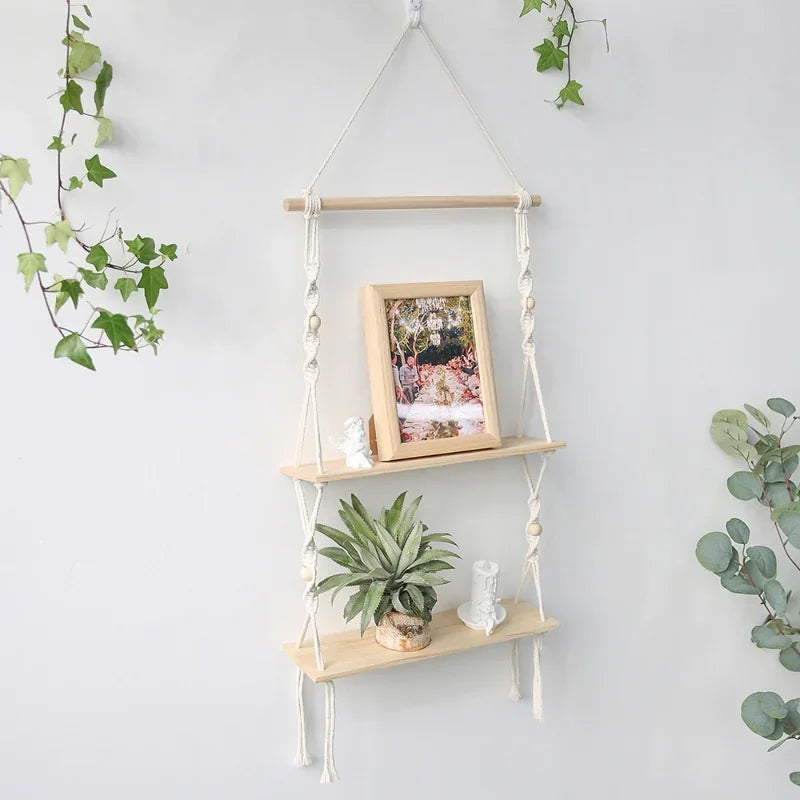 Macrame Wooden Wall Shelf – Decorative Floating Shelf & Plant Holder