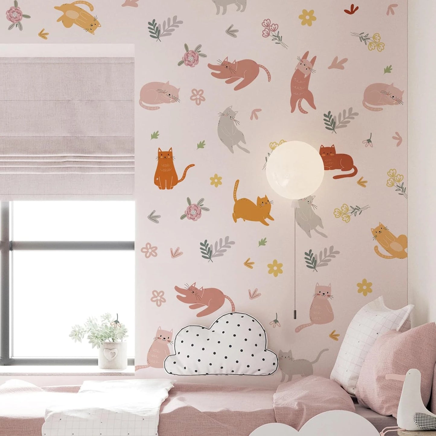 Boho Watercolor Cat & Flower Wall Decals for Kids Room