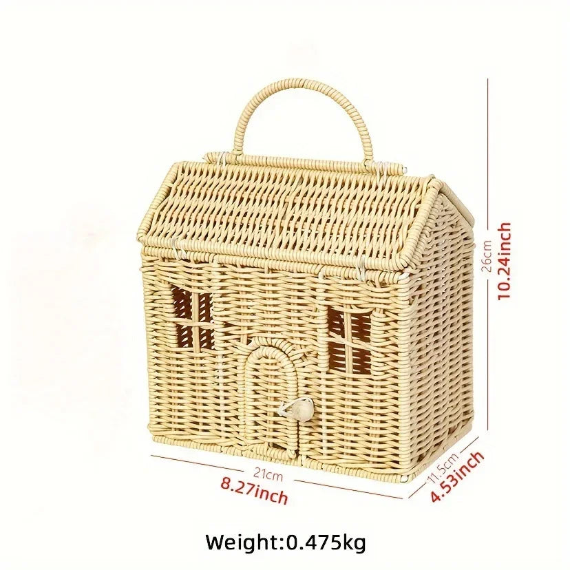 DIY House-Shaped Wicker Basket with Lid – Decorative Rattan Storage Basket