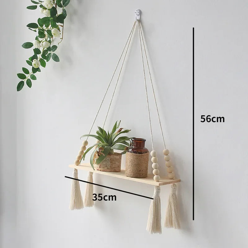 Macrame Wooden Wall Shelf – Decorative Floating Shelf & Plant Holder