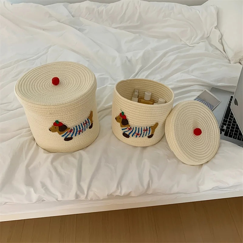 Cute Puppy Cotton Rope Storage Basket – Large Dustproof Organizer