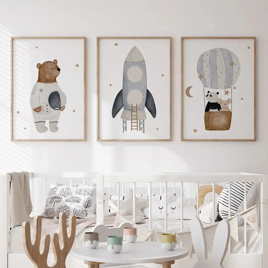 Boho Cartoon Animal Canvas Wall Art – Bear, Panda & Mouse Nursery Prints