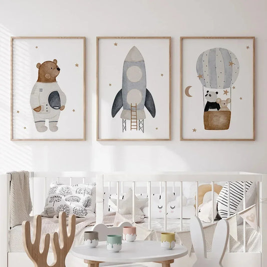 Boho Cartoon Animal Canvas Wall Art – Bear, Panda & Mouse Nursery Prints