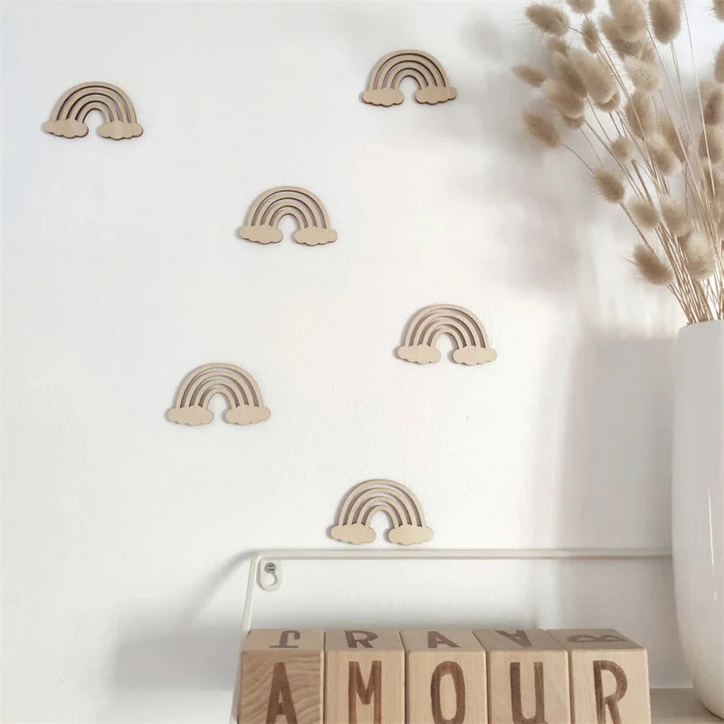 Nordic Wooden Rainbow & Cloud Wall Stickers – 3D Nursery Décor Set