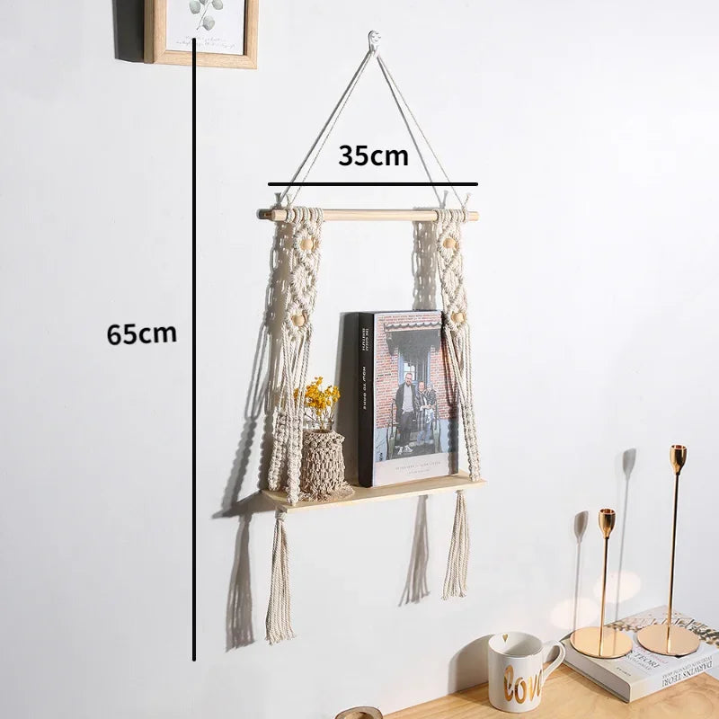 Macrame Wooden Wall Shelf – Decorative Floating Shelf & Plant Holder