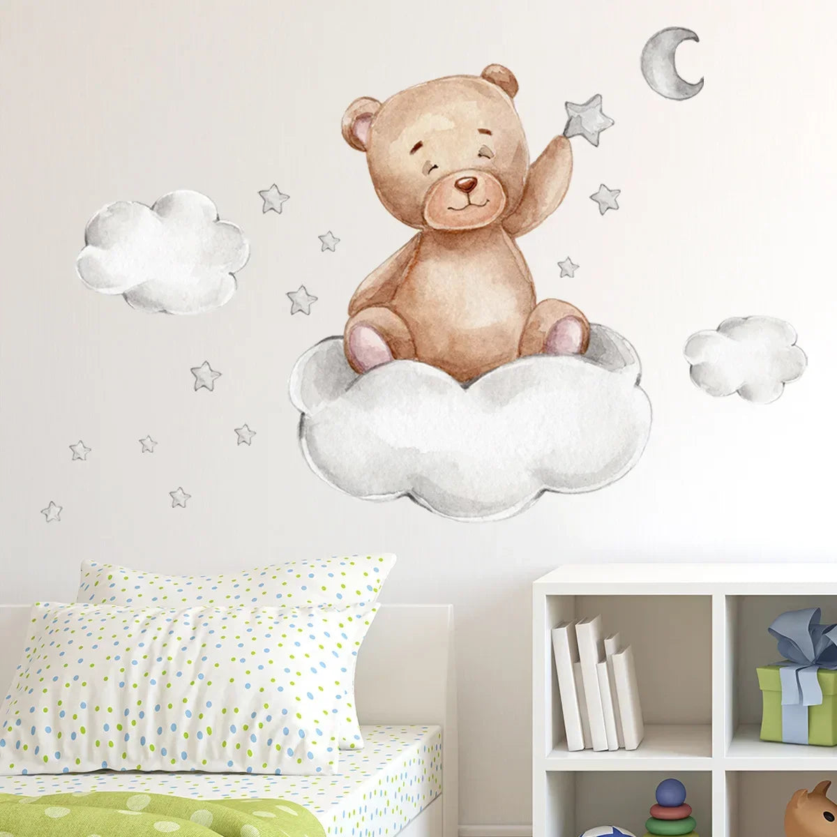 Cartoon Bear Moon & Stars Wall Sticker – Nursery & Kids Room Decor