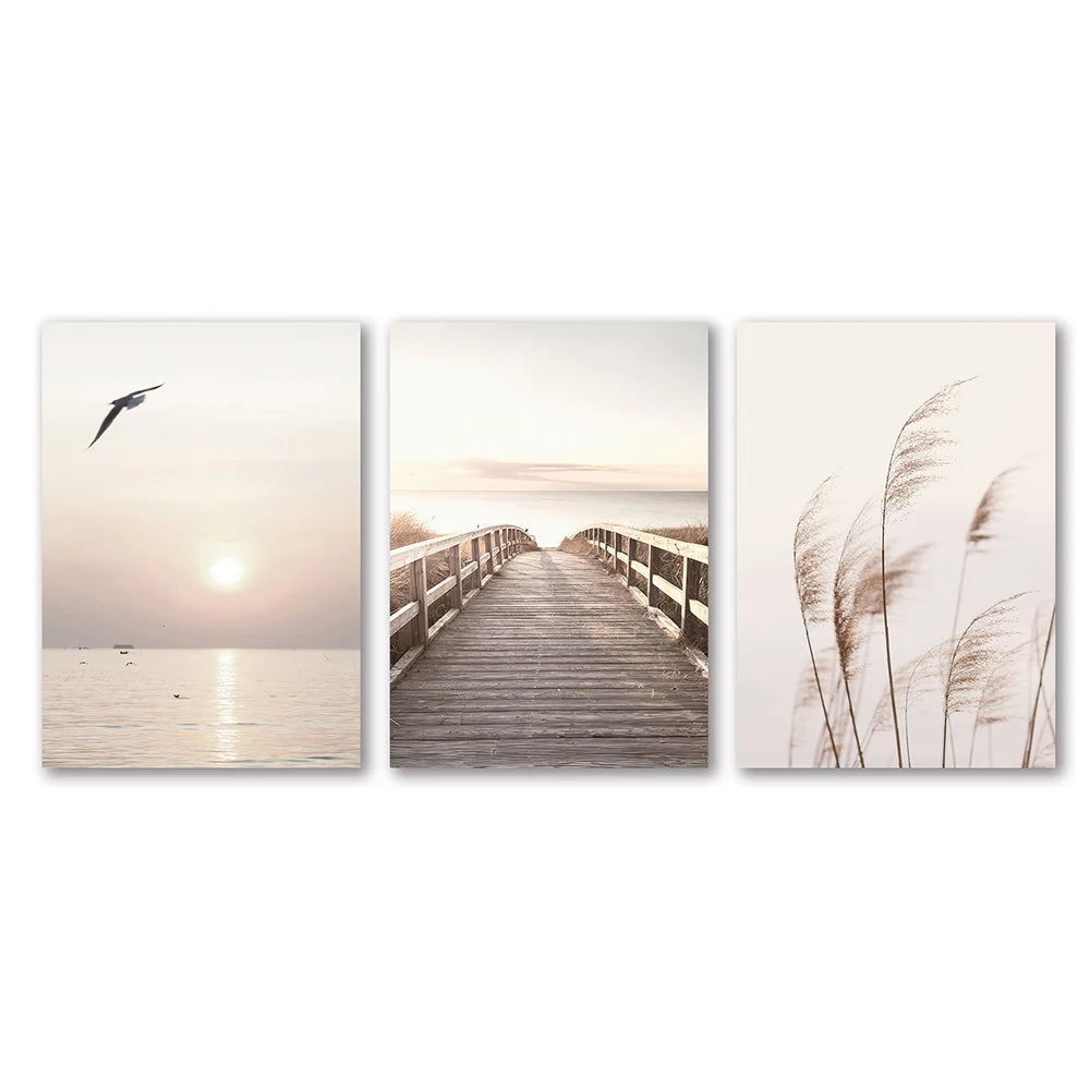 3-Piece White Seascape Canvas Wall Art – Nordic Coastal Pampas Prints