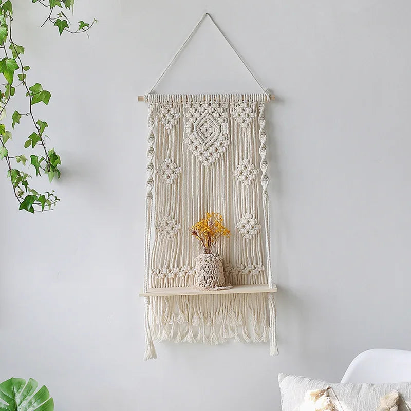 Macrame Wooden Wall Shelf – Decorative Floating Shelf & Plant Holder
