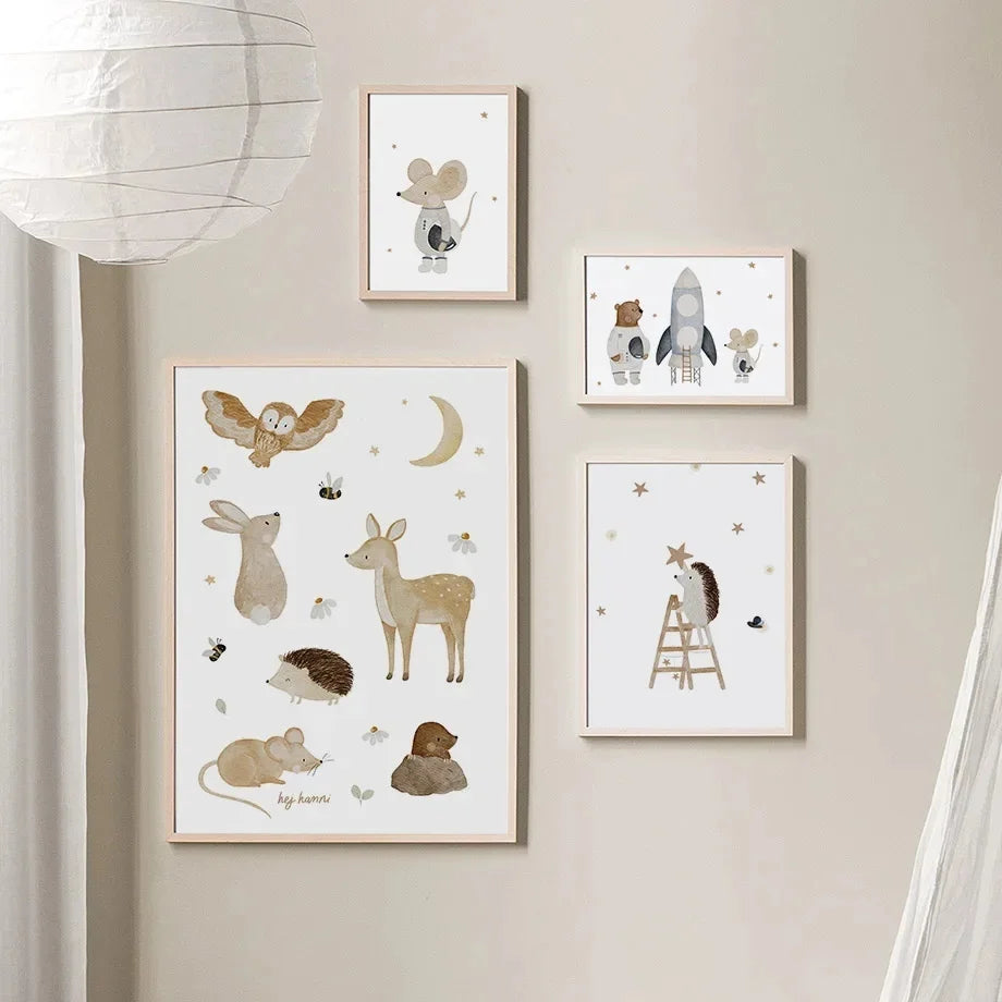 Boho Cartoon Animal Canvas Wall Art – Bear, Panda & Mouse Nursery Prints