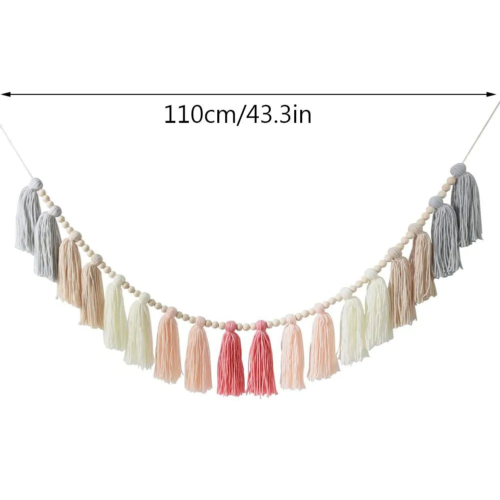 Pink Tassel Garland with Wood Beads – Boho Wall Hanging Nursery Décor