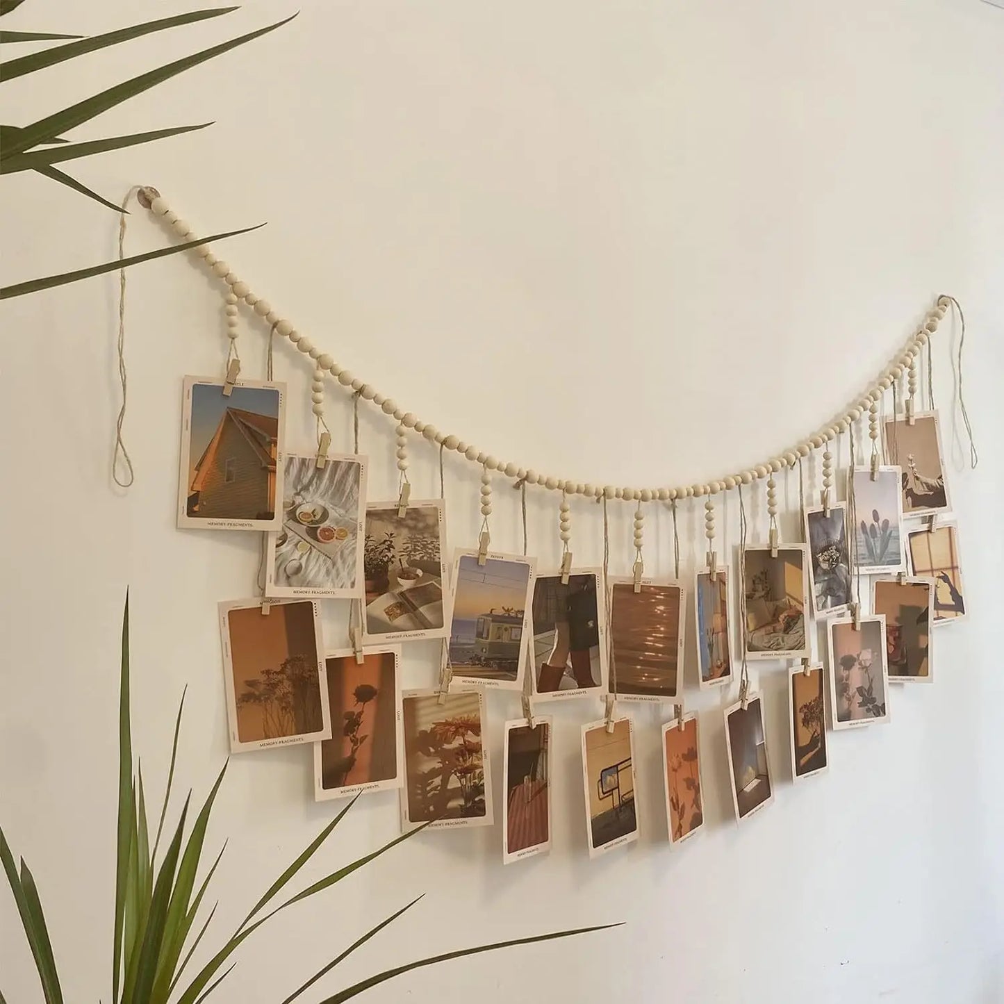Boho Hanging Photo Display Garland – Wooden Bead Wall Décor with Clips