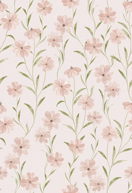 Pink Floral Peel & Stick Wallpaper – Daisy & Green Leaf Nursery Décor