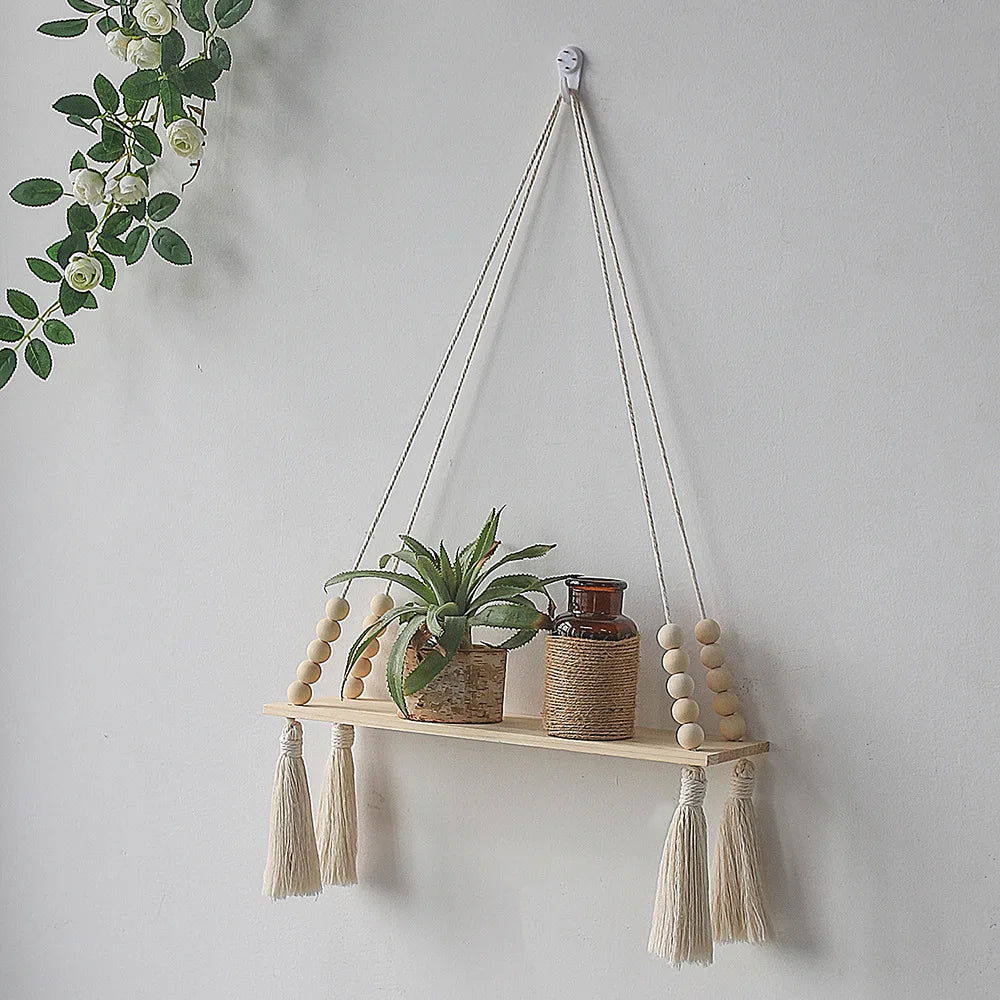 Hanging Wooden Wall Shelf with Beaded Design – Boho Rope Floating Display Shelf