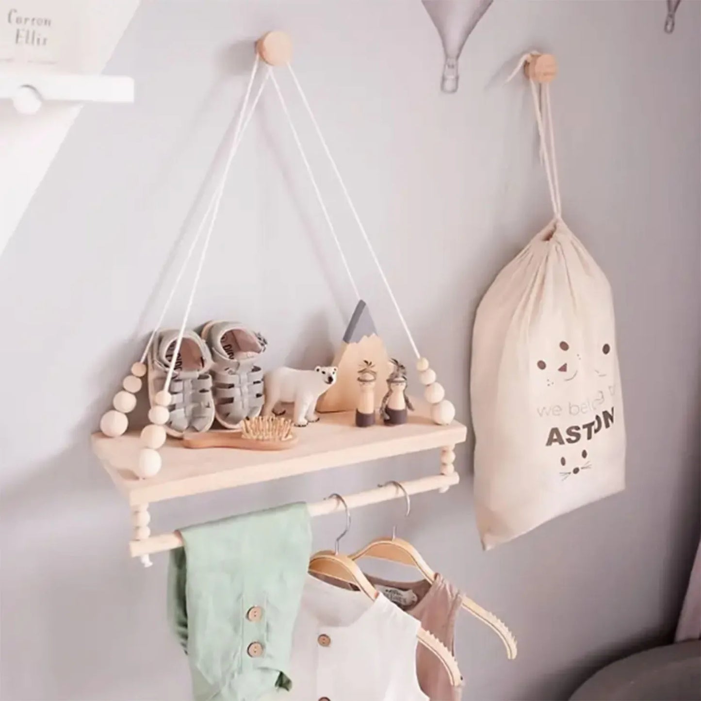 Hanging Wooden Wall Shelf with Beaded Design – Boho Rope Floating Display Shelf