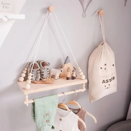 Hanging Wooden Wall Shelf with Beaded Design – Boho Rope Floating Display Shelf