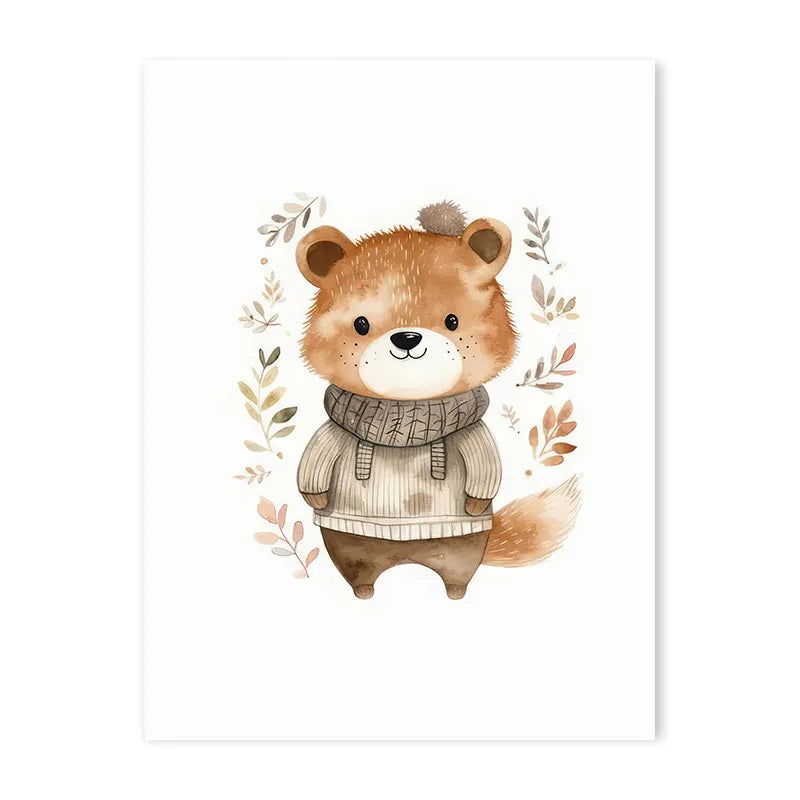 Cartoon Cloud Animal Canvas Wall Art – Cute Raccoon, Fox & Deer Nursery Poster