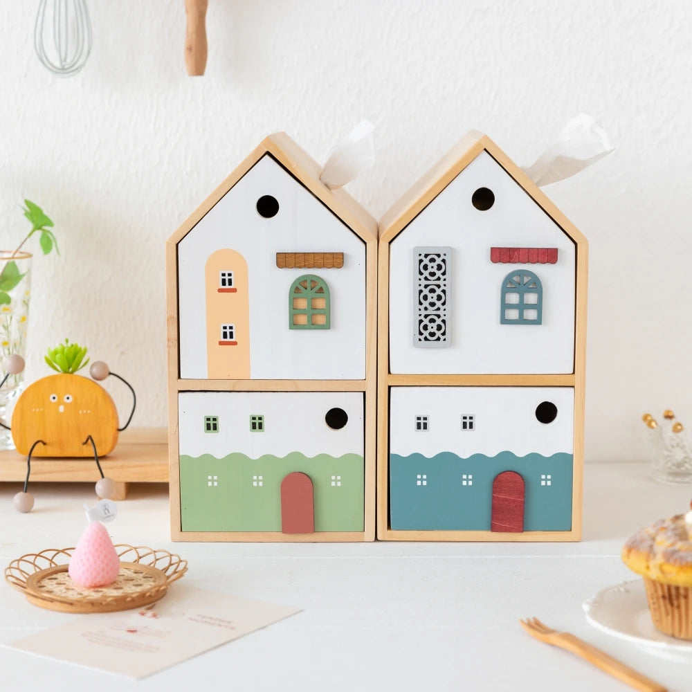 Wooden House Tissue Box & Storage Organizer – Double Layer Desk & Living Room Décor