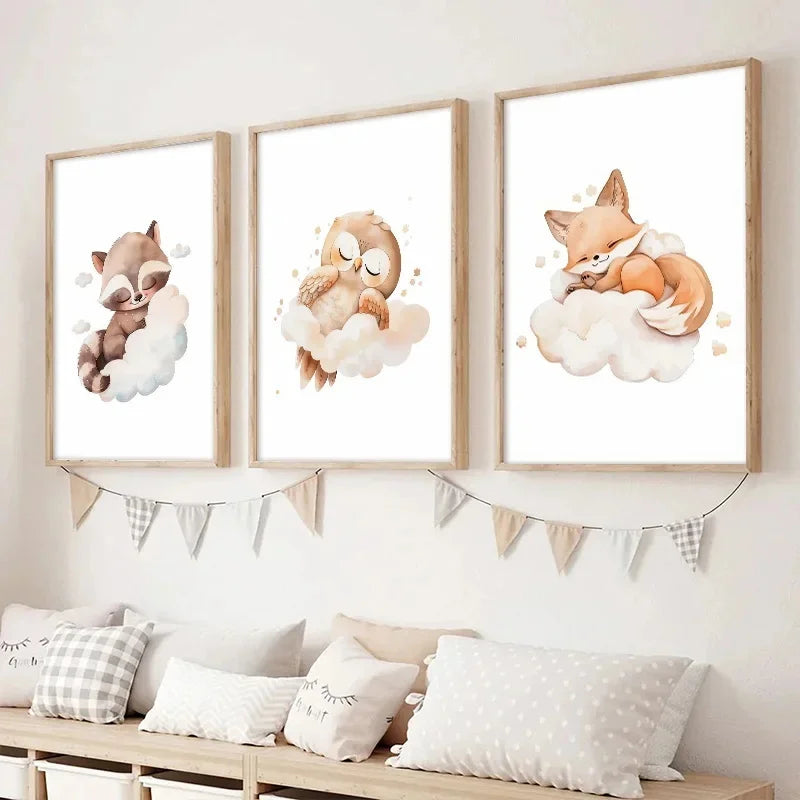 Cartoon Cloud Animal Canvas Wall Art – Cute Raccoon, Fox & Deer Nursery Poster