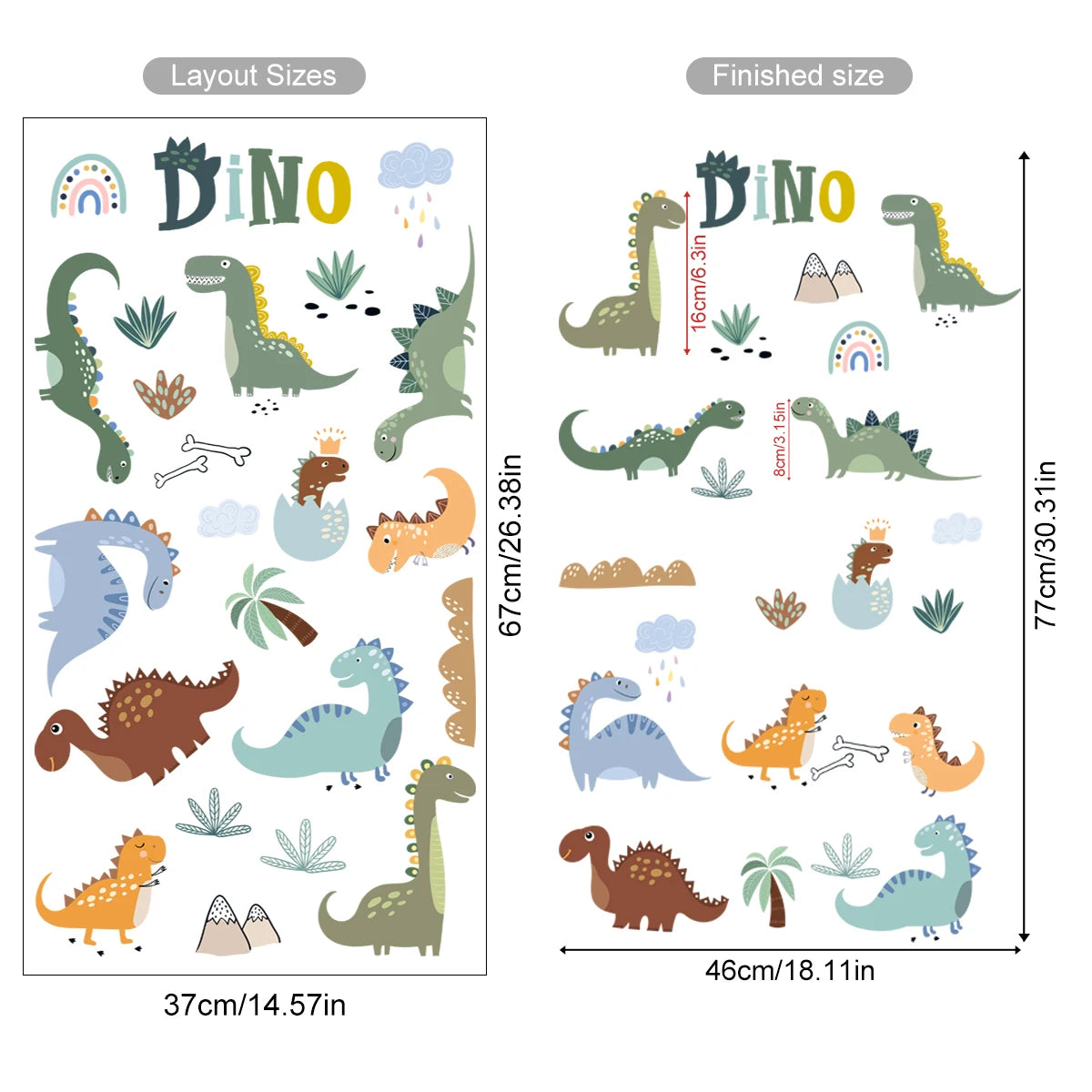 Cute Dinosaur & Rainbow Wall Decals for Kids Room