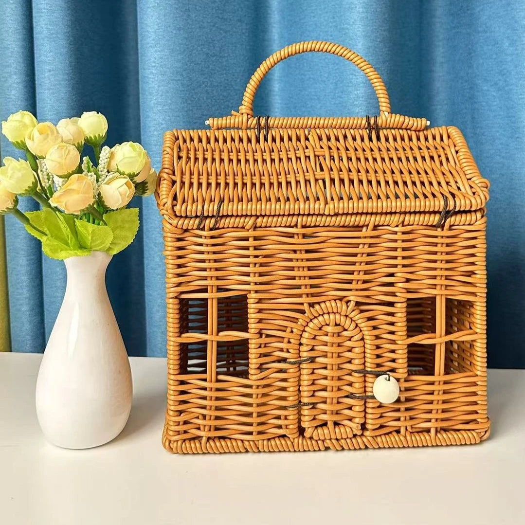 DIY House-Shaped Wicker Basket with Lid – Decorative Rattan Storage Basket