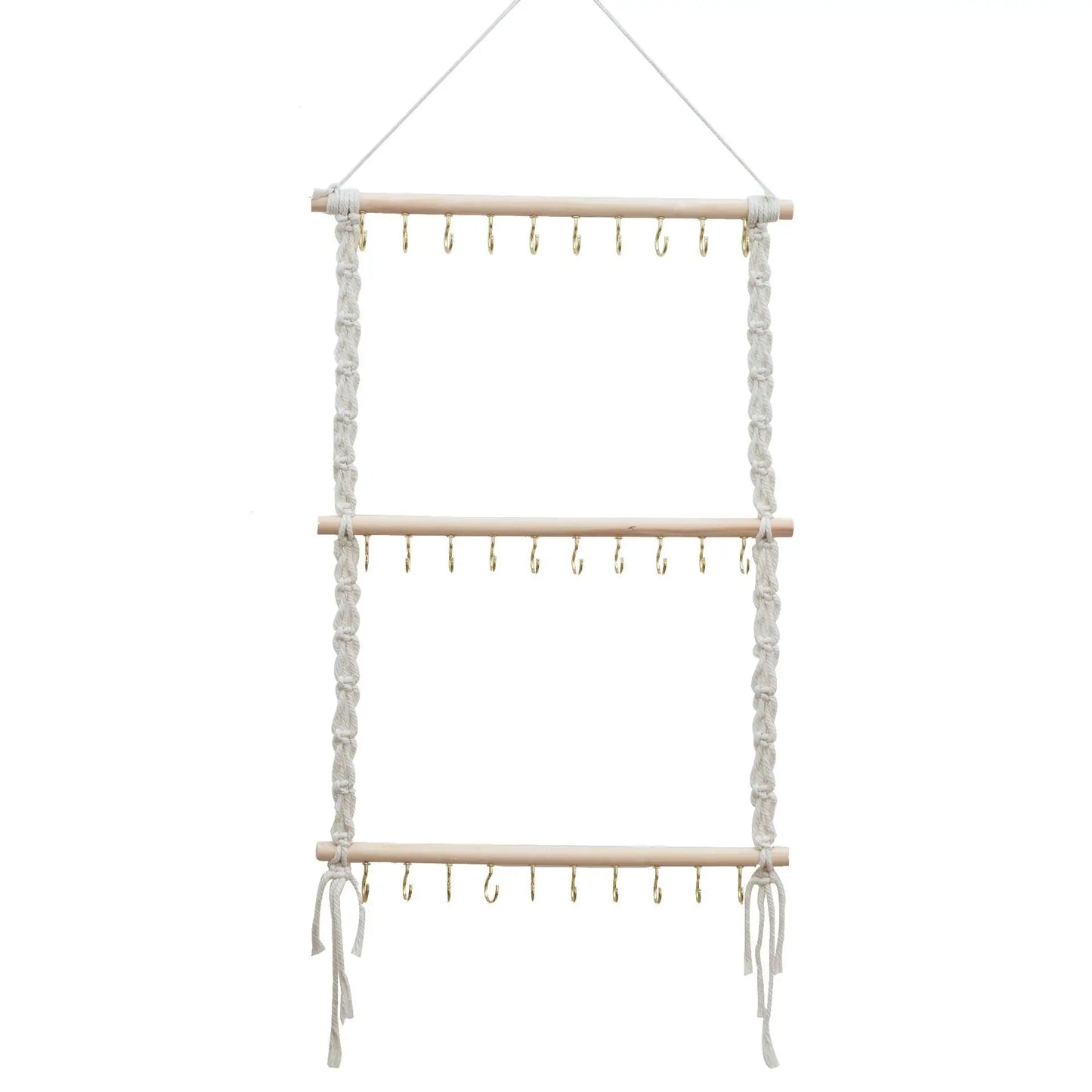 Boho Macrame Jewelry Organizer – Wall Hanging Necklace Holder with 30 Hooks