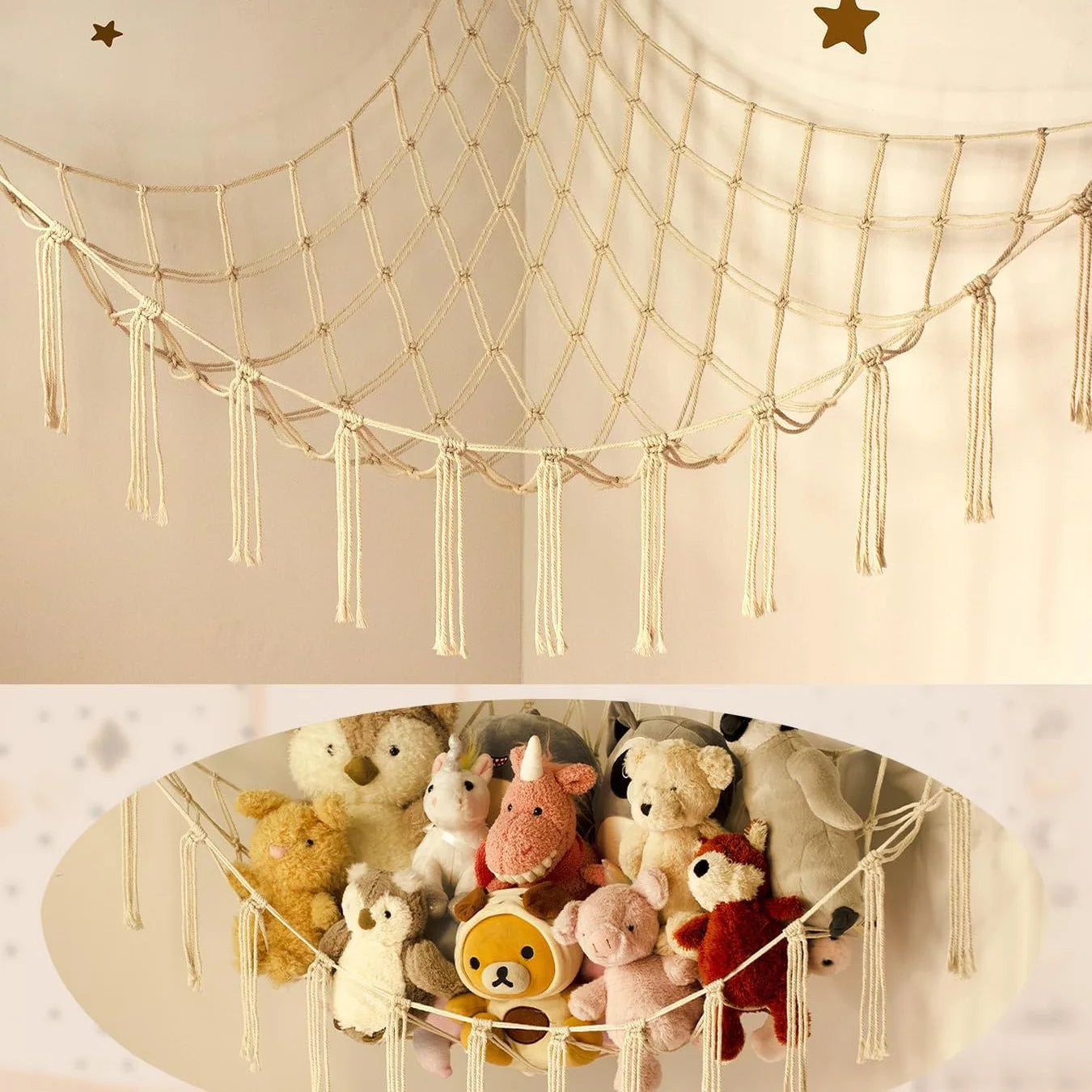 Boho Stuffed Animal Net Hammock – Macrame Corner Toy Storage Organizer