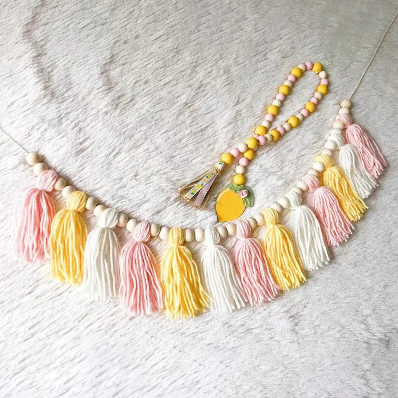 Pink Tassel Garland with Wood Beads – Boho Wall Hanging Nursery Décor