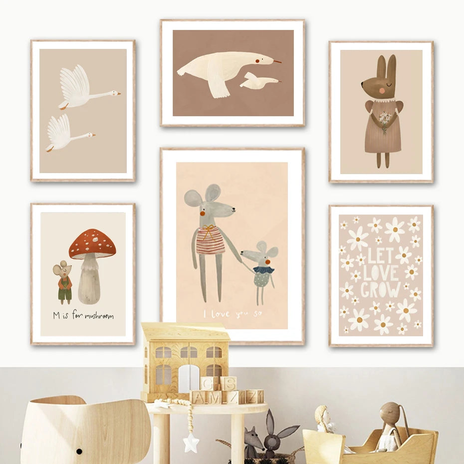 Boho Animal Nursery Wall Art – Rabbit, Mouse & Goose Canvas Posters