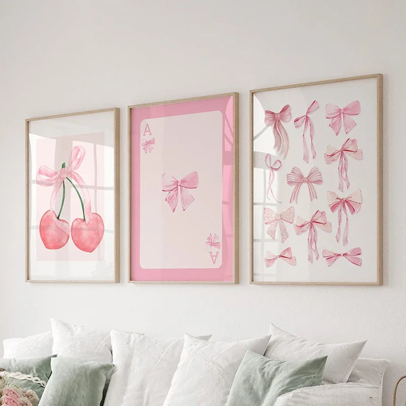 Trendy Pink Bow Wall Art Set of 3 – Preppy Watercolor Room Décor