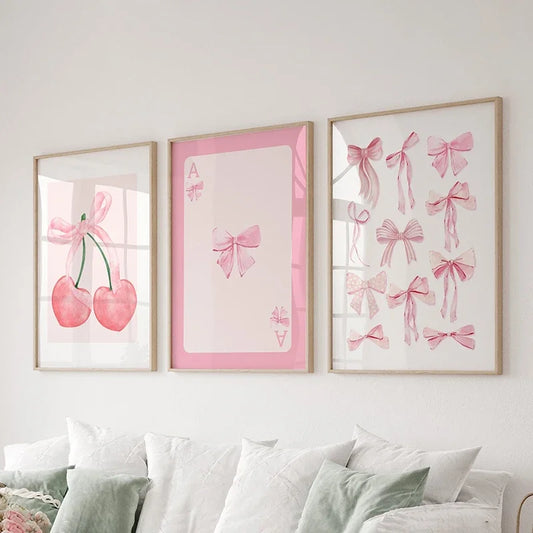 Trendy Pink Bow Wall Art Set of 3 – Preppy Watercolor Room Décor