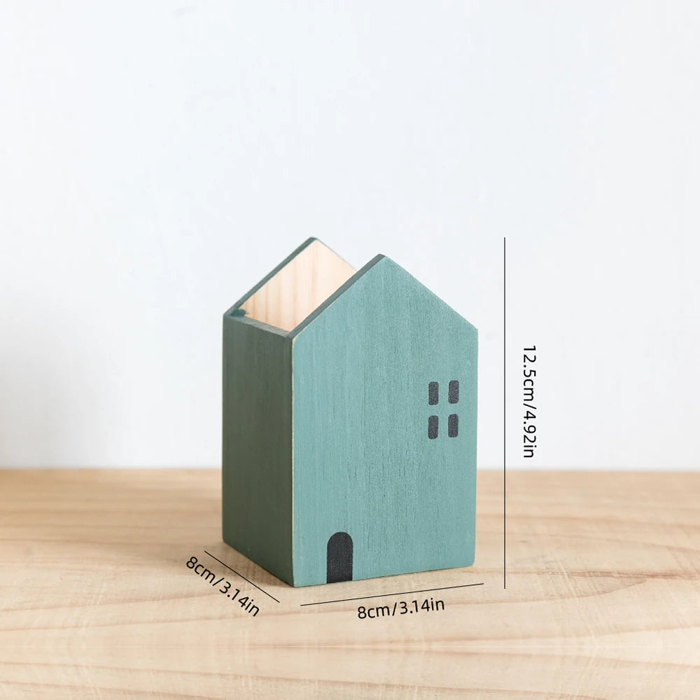 Cartoon House Pencil Holder – Wooden Desk Organizer & Room Decor