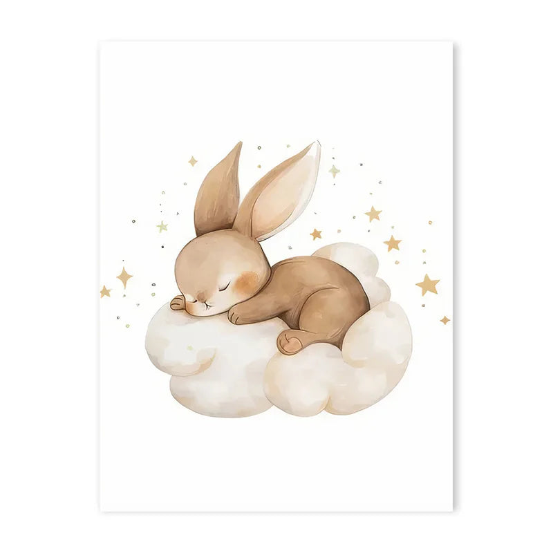 Cartoon Cloud Animal Canvas Wall Art – Cute Raccoon, Fox & Deer Nursery Poster