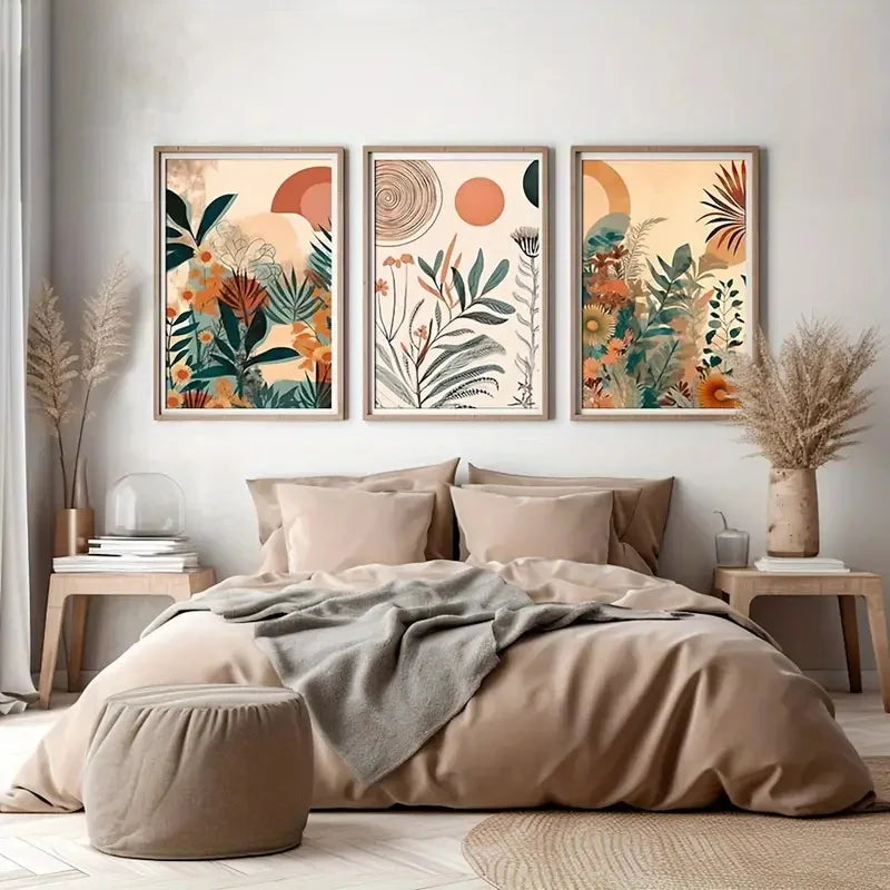 3-Piece Boho Floral Canvas Wall Art – Mid Century Modern Posters