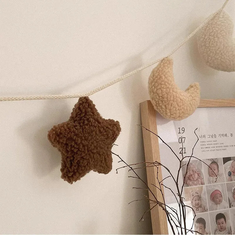 Handmade Plush Moon & Star Garland – Fluffy Nursery Wall Hanging Décor