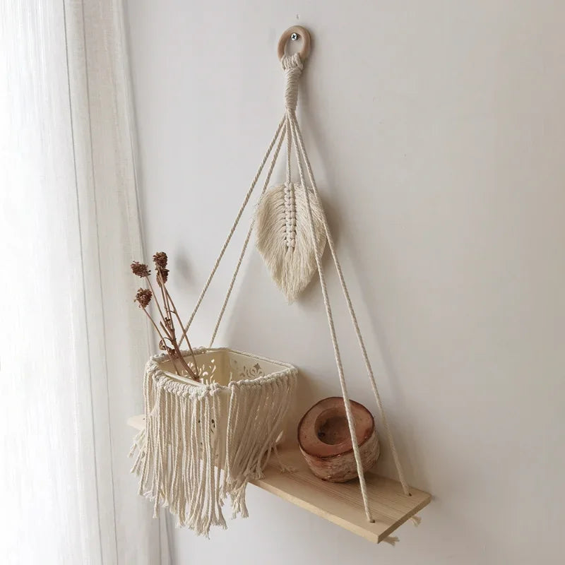 Macrame Wooden Wall Shelf – Decorative Floating Shelf & Plant Holder